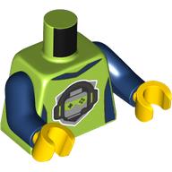 Torse, Côtés bleu foncé, col, Argent tête de minifigurine, yeux vert citron, Motif imprimé casque, bras bleu foncé, mains jaunes (Torso, Dark Blue Sides, Collar, Silver Minifig Head, Lime Eyes, Headphones Print, Dark Blue Arms, Yellow Hands)