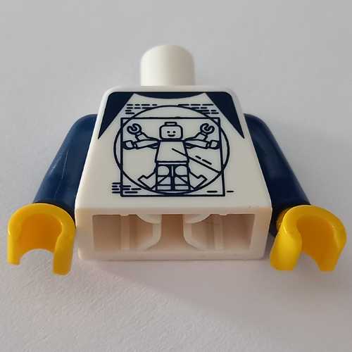 Visuel indicatif Rebrickable de Torse, Chemise avec motif imprimé bleu foncé Vitruve, bras bleu foncé, mains jaunes (Torso, Shirt with Dark Blue Vitruvian Minifigure Print, Dark Blue Arms, Yellow Hands)