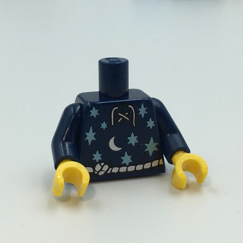 Visuel indicatif Rebrickable de Torse, chemise, lacets avec lune et étoiles et ceinture en corde d'argent motif imprimé, bras bleu foncé, mains jaunes (Torso, Shirt, Lace-up with Moon and Stars and Silver Rope Belt Print, Dark Blue Arms, Yellow Hands)