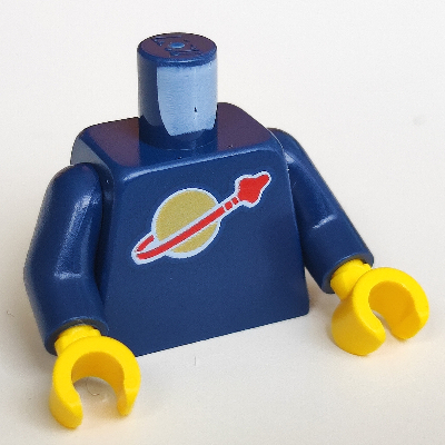 Visuel indicatif Rebrickable de Torse, Logo de l'espace classique (2019) imprimé, bras bleu foncé, mains jaunes (Torso, Classic Space Logo (2019) Print, Dark Blue Arms, Yellow Hands)