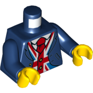 Visuel indicatif Rebrickable de Torse, Veste avec motif imprimé Union Jack et cravate rouge, bras bleu foncé, mains jaunes (Torso, Jacket over Vest with Union Jack and Red Tie Print, Dark Blue Arms, Yellow Hands)