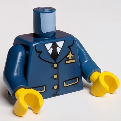 Visuel indicatif Rebrickable de Torse, costume à double poitrine avec boutons dorés et épinglette logo avion, poches avant, motif imprimé cravate noire, bras bleu foncé, mains jaunes (Torso, Double Breasted Suit with Gold Buttons and Airplane Logo Pin, Front Pockets, Black Tie Print, Dark Blue Arms, Yellow Hands)