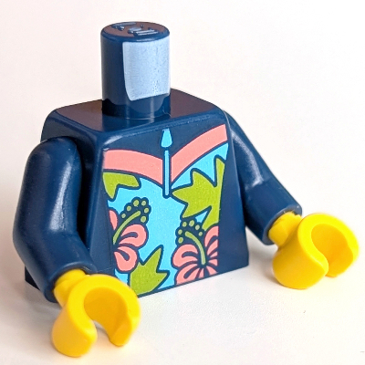 Visuel indicatif Rebrickable de Torse, combinaison avec corail et fleurs orange clair vif, feuilles de palmier imprimé (Surfer), bras bleu foncé, mains jaunes (Torso, Wetsuit with Coral and Bright Light Orange Flowers, Lime Palm Leaves Print (Surfer), Dark Blue Arms, Yellow Hands)