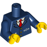 Visuel indicatif Rebrickable de Torse, Veste avec logo de train, Trois boutons dorés, cravate rouge, Crayon et papier dans un motif imprimé poche, bras bleu foncé, mains nougat clair (Torso, Jacket with Train Logo, Three Gold Buttons, Red Tie, Pencil and Paper in Pocket Print, Dark Blue Arms, Light Nougat Hands)