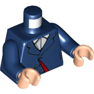 Visuel indicatif Rebrickable de Torse, veste costume avec revers, boutons et rouge foncé Doublure sur chemise blanche avec motif imprimé col, bras bleu foncé, mains nougat clair (Torso, Suit Jacket with Lapels, Buttons and Dark Red Lining over White Shirt with Collar Print, Dark Blue Arms, Light Nougat Hands)
