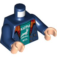 Visuel indicatif Rebrickable de Torse, Veste avec col à carreaux, Chemise Turquoise foncée avec motif imprimé blanc 'AUPA WIS' et Buck, bras bleu foncé, mains nougat clair (Torso, Jacket with Plaid Collar, Dark Turquoise Shirt with White 'AUPA WIS' and Buck Print, Dark Blue Arms, Light Nougat Hands)