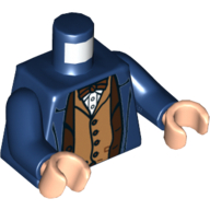 Visuel indicatif Rebrickable de Torse, manteau, ouvert sur veste brun rougeâtre et gilet nougat moyen, avec noeud papillon imprimé, bras bleu foncé, mains nougat clair (Torso, Coat, Open Over Reddish Brown Jacket and Medium Nougat Vest, with Bow Tie Print, Dark Blue Arms, Light Nougat Hands)