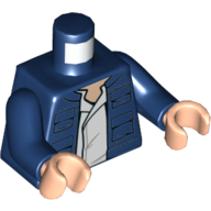 Torse, veste ouverte avec poches et chemise blanche et poche arrière motif imprimé (Han Solo), bras bleu foncé, mains nougat clair (Torso, Open Jacket with Pockets and White Shirt and Back Pockets Print (Han Solo), Dark Blue Arms, Light Nougat Hands)