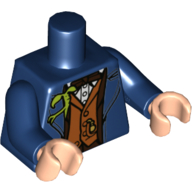 Visuel indicatif Rebrickable de Torse, Veste avec bord brun foncé et nœud papillon, gilet orange foncé, motif imprimé Bowtruckle vert vif, bras bleu foncé, mains nougat clair (Torso, Jacket with Dark Brown Trim and Bow Tie, Dark Orange Vest, Bright Green Bowtruckle Print, Dark Blue Arms, Light Nougat Hands)