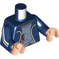 Visuel indicatif Rebrickable de Torse, veste, ouvrir sur sale et lambeaux sous-chemise motif imprimé, bras bleu foncé avec des rayures blanches motif imprimé, nougat clair mains (Torso, Jacket, Open over Dirty and Tattered Undershirt Print, Dark Blue Arms with White Stripes Print, Light Nougat Hands)