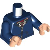 Torse, veste, fermeture éclair argent, vert foncé/rouge foncé chemise motif imprimé, bras bleu foncé, mains nougat clair (Torso, Jacket, Silver Zipper, Dark Green/Dark Red Shirt Print, Dark Blue Arms, Light Nougat Hands)