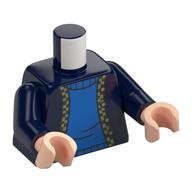 Visuel indicatif Rebrickable de Torse, Veste, Vert foncé/Or à carreaux, Motif imprimé Pull bleu, bras bleu foncé, mains nougat clair (Torso, Jacket, Dark Green/Gold Checkered Trim, Blue Sweater Print, Dark Blue Arms, Light Nougat Hands)