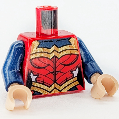 Visuel indicatif Rebrickable de Torse, corps, motif imprimé or nacré (femme prodige), bras bleu foncé, mains nougat clair (Torso, Bodysuit, Pearl Gold Print (Wonder Woman), Dark Blue Arms, Light Nougat Hands)
