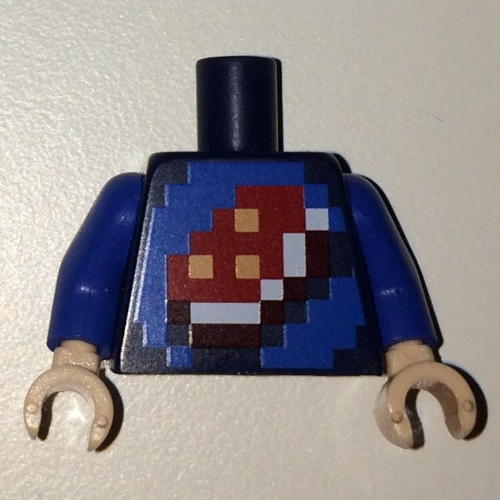 Visuel indicatif Rebrickable de Torse, chemise avec icône pixelisée Porchchop sur fond bleu imprimé, bras bleu foncé, mains nougat clair (Torso, Shirt with Pixelated Porkchop Icon on Blue Background Print, Dark Blue Arms, Light Nougat Hands)