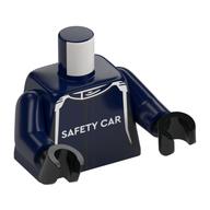 Torse, combinaison de course, rayures blanches et noires, motif imprimé 'SAFETY CAR', bras bleu foncé, mains noires (Torso, Race Suit, White and Black Stripes, 'SAFETY CAR' Print, Dark Blue Arms, Black Hands)