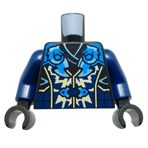 Torse, robes de ninja, jaune clair lumineux / moyen azur décorations motif imprimé, bras bleu foncé, mains noires (Torso, Ninja Robes, Bright Light Yellow/Medium Azure Decorations Print, Dark Blue Arms, Black Hands)