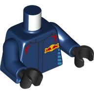 Torse, costume de course, taureaux rouges sur fond jaune motif imprimé, bras bleu foncé, mains noires (Torso, Racing suit, Red Bulls on Yellow Background Print, Dark Blue Arms, Black Hands)