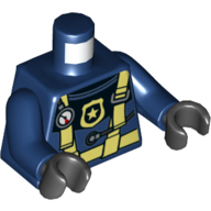 Torse, combinaison avec des sangles jaune clair vif, jauge et badge de police motif imprimé, bras bleu foncé, mains noires (Torso, Wetsuit with Bright Light Yellow Straps, Gauge, and Police Badge Print, Dark Blue Arms, Black Hands)