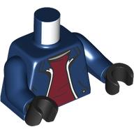 Visuel indicatif Rebrickable de Torse, veste, fermeture éclair blanc, motif : chemise rouge foncé, bras bleu foncé, mains noires (Torso, Jacket, White Zipper, Dark Red Shirt Print, Dark Blue Arms, Black Hands)