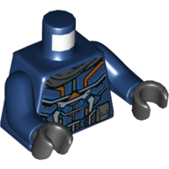 Torse, armure avec circuit moyen azur/orange foncé, poches imprimées gris bleu foncé, bras bleu foncé, mains noires (Torso, Armor with Medium Azure/Dark Orange Circuitry, Dark Bluish Grey Pockets Print, Dark Blue Arms, Black Hands)