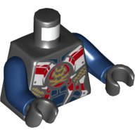 Visuel indicatif Rebrickable de Torse, armure, panneaux blancs et bleu foncé, logo x samouraï or, motif imprimé bordure or et rouge, bras bleu foncé, mains noires (Torso, Armor, White and Dark Blue Panels, Gold Samurai X Logo, Gold and Red Trim Print, Dark Blue Arms, Black Hands)