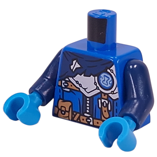 Torse, manteau bleu foncé, armure argentée, sablier en cercle bleu, sangles de nougat, motif : ceinture utilitaire, bras bleu foncé, mains azur foncé (Torso, Dark Blue Cloak, Silver Armor, Hourglass in Blue Circle, Nougat Straps, Utility Belt Print, Dark Blue Arms, Dark Azure Hands)