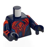 Visuel indicatif Rebrickable de Torse, araignée rouge foncé, circuit jaune, muscles bleus, points, sangles rouge foncé sur le motif imprimé bras, bras et mains bleu foncé (Torso, Dark Red Spider, Yellow Circuitry, Blue Muscles, Dots, Dark Red Webbings on Arms Print, Dark Blue Arms and Hands)