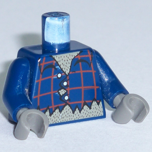 Visuel indicatif Rebrickable de Torse, chemise à carreaux avec boutons et motif imprimé déchiré (loup-garou), bras bleu foncé, mains gris foncé (Torso, Plaid Shirt with Buttons and Ripped Print (Werewolf), Dark Blue Arms, Dark Gray Hands)