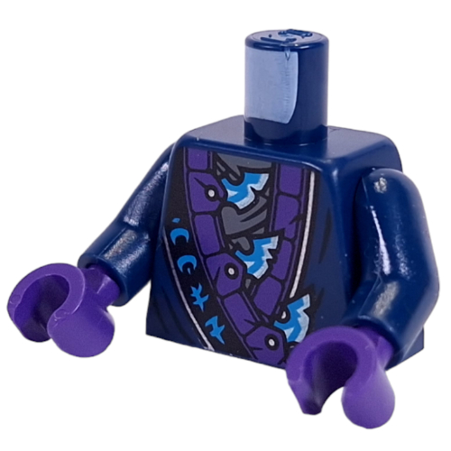 Visuel indicatif Rebrickable de Torse, robe, ceinture noire avec des symboles asiatiques d'azur foncé, garniture violet foncé, motif imprimé de décorations d'azur foncé / argent, bras bleu foncé, mains pourpre foncé (Torso, Robe, Black Sash with Dark Azure Asian Symbols, Dark Purple Trim, Dark Azure/Silver Decorations Print, Dark Blue Arms, Dark Purple Hands)