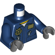 Torse, veste de costume de vol avec étiquette de nom et badge de police, poches à glissière motif imprimé, bras bleu foncé, mains gris bleuté foncé (Torso, Flight Suit Jacket with Name Tag and Police Badge, Zippered Pockets Print, Dark Blue Arms, Dark Bluish Gray Hands)