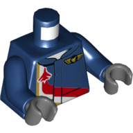 Torse, combinaison avec des lignes rouges, blanches et dorées avec avion rouge, motif imprimé insigne pilote or, bras bleu foncé, mains gris bleuté foncé (Torso, Jumpsuit with Red, White, and Gold Lines with Red Plane, Gold Pilot Badge Print, Dark Blue Arms, Dark Bluish Gray Hands)