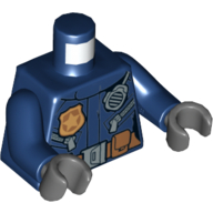 Torse, veste de police avec radio, poches zippées et badge d'or sur le devant / 'POLICE' sur le dos motif imprimé, bras bleu foncé, mains gris bleuté foncé (Torso, Police Jacket with Radio, Zipper Pockets, and Gold Badge on Front / 'POLICE' on Back Print, Dark Blue Arms, Dark Bluish Gray Hands)