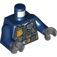 Torse, veste, gilet gris bleuâtre foncé, insigne de police, radio, poches / 'POLICE' sur motif imprimé dos, bras bleu foncé, mains gris bleuté foncé (Torso, Jacket, Dark Bluish Grey Vest, Police Badge, Radio, Pockets / 'POLICE' on Back Print, Dark Blue Arms, Dark Bluish Gray Hands)