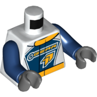 Torse, veste de course, col orange, 'GEAR' Logo imprimé, bras bleu foncé, mains gris bleuté foncé (Torso, Racing Jacket, Orange Collar, 'GEAR' Logo Print, Dark Blue Arms, Dark Bluish Gray Hands)