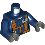 Torse, chemise avec ceinture, harnais de sécurité orange, badge d'identité, poches, motif radio imprimé, bras bleu foncé, mains gris bleuté foncé (Torso, Shirt with Belt, Orange Safety Harness, ID Badge, Pockets, Radio Print, Dark Blue Arms, Dark Bluish Gray Hands)