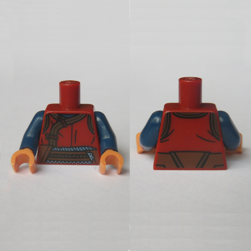 Torse, tunique rouge, bord marron, motif imprimé ceinture (Wong), bras bleu foncé, mains nougat (Torso, Red Tunic, Brown Trim, Belt Print (Wong), Dark Blue Arms, Nougat Hands)