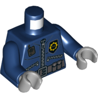 Torse, veste de police avec 3 fermetures éclair, tête de minifigurine Badge, Radio et ceinture avec motif imprimé poches, bras bleu foncé, mains gris bleuté clair (Torso, Police Jacket with 3 Zippers, Minifig Head Badge, Radio and Belt with Pockets Print, Dark Blue Arms, Light Bluish Gray Hands)