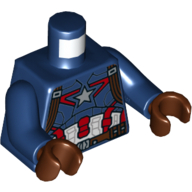 Torse, armure avec étoile argentée sur poitrine et motif imprimé Harnais marron rouge (Captain America), bras bleu foncé, mains brun rougeâtre (Torso, Armor with Silver Star on Chest and Red, White and Reddish Brown Harness Print (Captain America), Dark Blue Arms, Reddish Brown Hands)