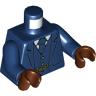 Torse, veste, veste ouverte, chemise blanche, et cravate motif imprimé, bras bleu foncé, mains brun rougeâtre (Torso, Jacket, Open over Vest, White Shirt, and Tie Print, Dark Blue Arms, Reddish Brown Hands)