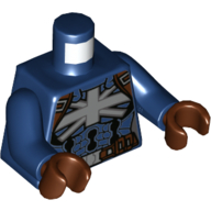 Visuel indicatif Rebrickable de Torse, corps, Panneaux bleu foncé, Croix de drapeau britannique blanc, Ceinture et sangles marron rougeâtre motif imprimé, bras bleu foncé, mains brun rougeâtre (Torso, Bodysuit, Dark Blue Panels, White British Flag Cross, Reddish Brown Belt and Straps Print, Dark Blue Arms, Reddish Brown Hands)