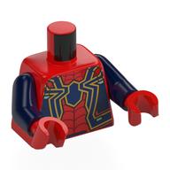 Visuel indicatif Rebrickable de Torse, combinaison, rouge foncé et araignée or, motif imprimé sangle rouge foncé, bras bleu foncé, mains rouges (Torso, Jumpsuit, Dark Red and Gold Spider, Dark Red Webbing Print, Dark Blue Arms, Red Hands)