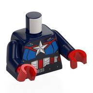 Torse, armure, costume capitaine américain, étoile blanche, poitrine bleue, décorations blanches et rouges motif imprimé, bras bleu foncé, mains rouges (Torso, Armor, Captain America Suit, White Star, Blue Chest, White and Red Decorations Print, Dark Blue Arms, Red Hands)