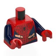 Torse, costume de Spider-Man, panneaux bleus, araignée noire, motif imprimé de larmes, bras bleu foncé, mains rouges (Torso, Spider-Man Suit, Blue Panels, Black Spider, Tears Print, Dark Blue Arms, Red Hands)