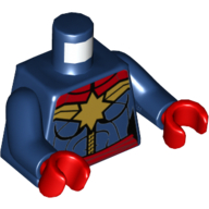 Visuel indicatif Rebrickable de Torse, corps, étoile dorée et ceinture rouge motif imprimé (capitaine merveille), bras bleu foncé, mains rouges (Torso, Bodysuit, Gold Star and Red Sash Print (Captain Marvel), Dark Blue Arms, Red Hands)