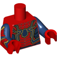 Torse, corps, Panneaux bleu foncé, sangle, Grande araignée bleu foncé avec motif imprimé contour or, Bras bleu foncé avec motif imprimé sangle, Mains rouges (Torso, Bodysuit, Dark Blue Panels, Webbing, Large Dark Blue Spider with Gold Outline Print, Dark Blue Arms with Webbing Print, Red Hands)