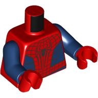 Visuel indicatif Rebrickable de Torse, toiles d'araignée noire, logo de l'araignée arrière à l'avant, araignée rouge à l'arrière, motif imprimé panneaux bleu foncé, bras bleu foncé, mains rouges (Torso, Black Spider Webs, Back Spider Logo in Front, Red Spider on Back, Dark Blue Panels Print, Dark Blue Arms, Red Hands)