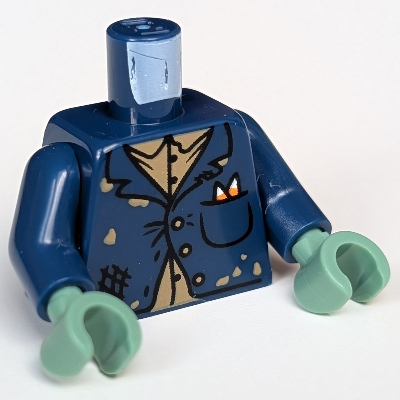 Visuel indicatif Rebrickable de Torse, manteau de costume en lambeaux, chemise beige foncé motif imprimé, bras bleu foncé, mains vert sable (Torso, Suit Coat Tattered, Dark Tan Shirt Print, Dark Blue Arms, Sand Green Hands)