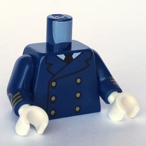 Visuel indicatif Rebrickable de Torse, veste, 6 Boutons dorés, motif : chemise blanche avec cravate noire, Bras bleu foncé avec motif imprimé insigne de rang or, mains blanches (Torso, Jacket, 6 Gold Buttons, White Shirt with Black Tie Print, Dark Blue Arms with Gold Rank Insignia Print, White Hands)