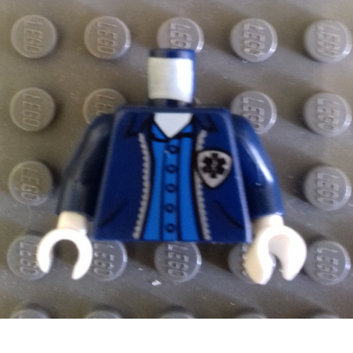 Visuel indicatif Rebrickable de Torse, veste avec emt étoile de la vie logo et bouton vers le bas chemise motif imprimé, bras bleu foncé, mains blanches (Torso, Jacket with EMT Star of Life Logo and Button Down Shirt Print, Dark Blue Arms, White Hands)