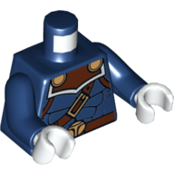 Visuel indicatif Rebrickable de Torse, Muscles contour avec ceintures brun rougeâtre avec motif imprimé Boucles d'or, bras bleu foncé, mains blanches (Torso, Muscles Outline with Reddish Brown Belts with Gold Buckles Print, Dark Blue Arms, White Hands)